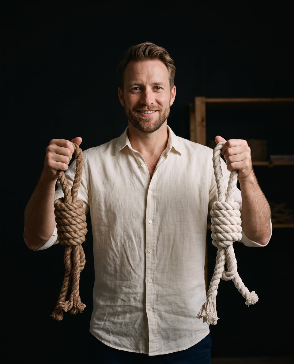 An importer grinning, holding a pair of MesuBari rope buoys