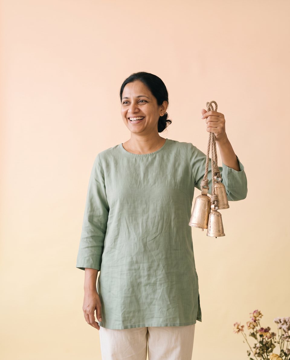 An interior buyer laughing, holding MesuBari harmony cow bells