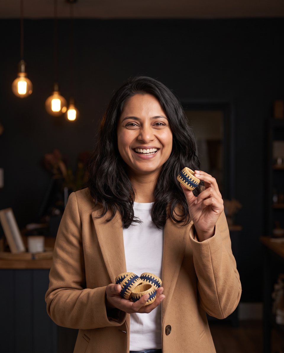 A shop owner smiling, holding MesuBari rattan napkin rings